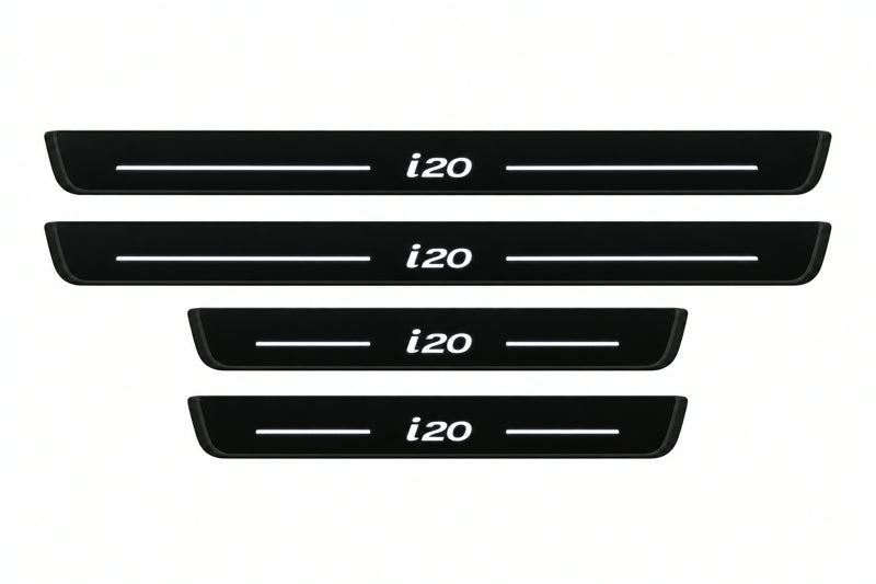 Shared catalogue illustration of two long front and two shorter rear black Matte PRO plates with illuminated i20 lettering and unlit edges. FRONT option contains only front pair; Hyundai i20 PB dimensions are selected during manufacture.