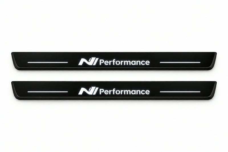 Catalogue illustration of two front black Matte PRO LED door sill plates with illuminated N Line Performance lettering for Hyundai i30 III; dimensions are selected during manufacture.