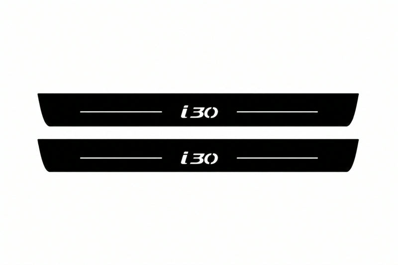 Catalogue illustration of two front black Matte PRO LED door sill plates with illuminated i30 lettering for Hyundai i30 Wagon GD; final dimensions are selected during manufacture.