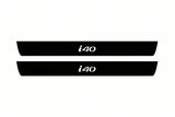 Catalogue illustration of two front black Matte PRO LED door sill plates with illuminated i40 lettering for Hyundai i40; dimensions are selected during manufacture.