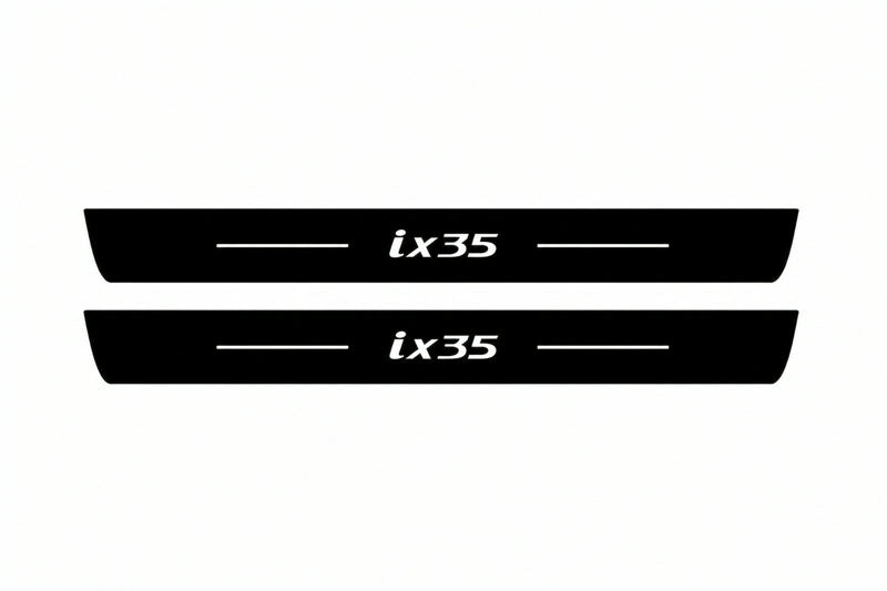 Catalogue illustration of two front black Matte PRO LED door sill plates with illuminated ix35 lettering for Hyundai ix35; dimensions are selected during manufacture.