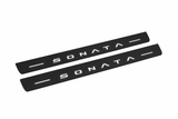 Catalogue illustration showing 2 black Matte PRO LED door sill plates with white Sonata lettering for Hyundai Sonata Sedan DN8; dimensions are selected during manufacture.
