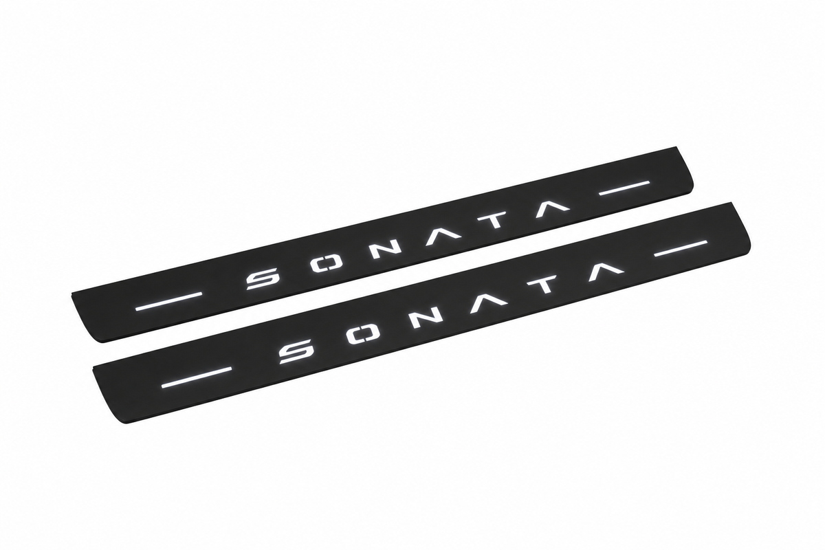 Catalogue illustration showing 2 black Matte PRO LED door sill plates with white Sonata lettering for Hyundai Sonata Sedan DN8; dimensions are selected during manufacture.