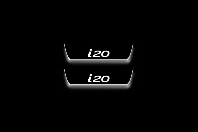 Hyundai i20 II 2014+ illuminated entry guards in stainless steel with i20 logo