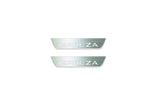 Two short silver-finished door sill plates with Impreza lettering on a light background, straight-on view.