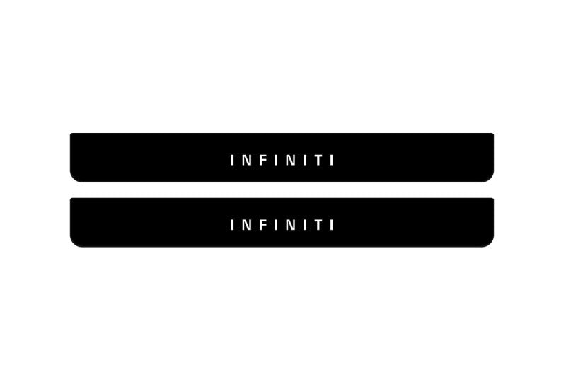 Infiniti QX80 II 2013+ illuminated door sill protectors in stainless steel with Infiniti logo