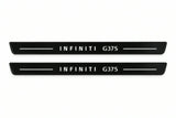 Catalogue illustration of two front black Matte PRO LED door sill plates with illuminated Infiniti G37S lettering for Infiniti G Coupe V36; dimensions are selected during manufacture.