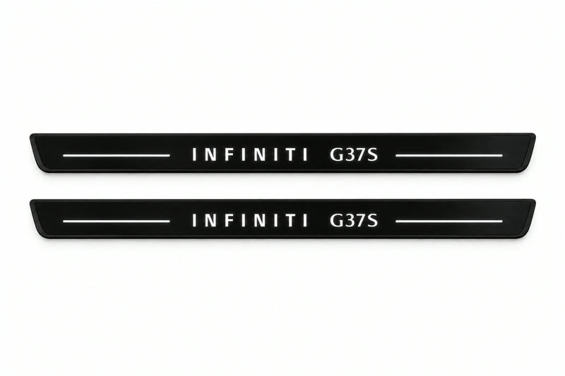 Catalogue illustration of two front black Matte PRO LED door sill plates with illuminated Infiniti G37S lettering for Infiniti G Coupe V36; dimensions are selected during manufacture.