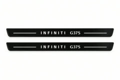 Catalogue illustration of two front black Matte PRO LED door sill plates with illuminated Infiniti G37S lettering for Infiniti G Coupe V36; dimensions are selected during manufacture.