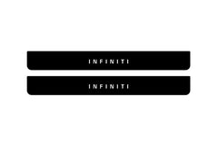 Catalog illustration of two black front door sill plates with Infiniti lettering.