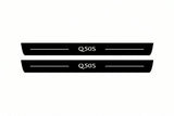 Catalogue illustration of two front black Matte PRO LED door sill plates with illuminated Q50S lettering for Infiniti Q50 Sedan V37; dimensions are selected during manufacture.
