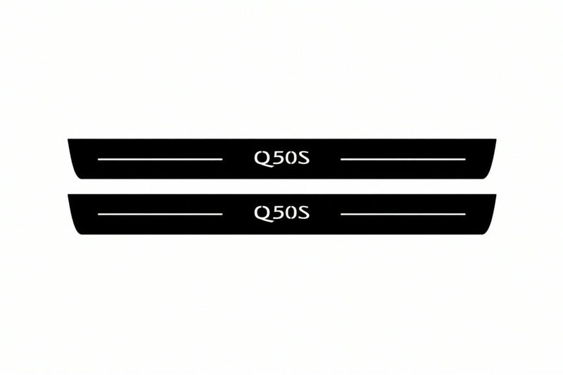 Catalogue illustration of two front black Matte PRO LED door sill plates with illuminated Q50S lettering for Infiniti Q50 Sedan V37; dimensions are selected during manufacture.