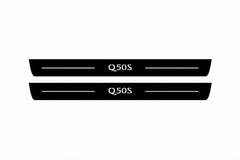 Catalogue illustration of two front black Matte PRO LED door sill plates with illuminated Q50S lettering for Infiniti Q50 Sedan V37; dimensions are selected during manufacture.