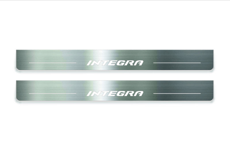 Honda Integra 2001+ entry guards in stainless steel with Integra logo