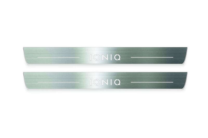 Hyundai Ioniq 2016+ door sill plates in stainless steel with Ioniq logo
