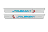 Catalog illustration of two long gray door sill plates with blue Jailbreak lettering and red Hellcat head emblems.