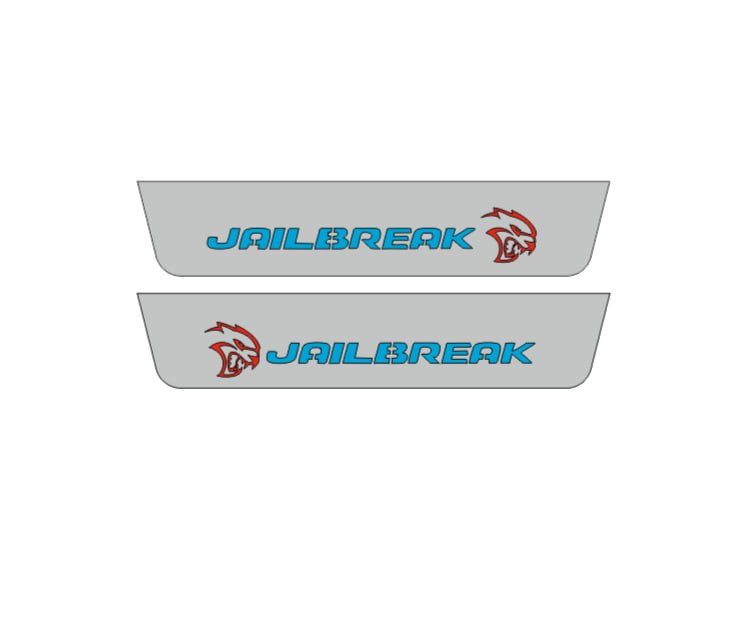 Catalog illustration of two short gray door sill plates with blue Jailbreak lettering.