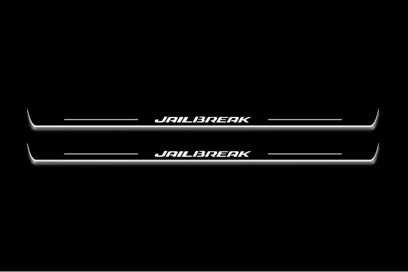 Dodge Challenger 2008+ entry guards in stainless steel with Jailbreak logo