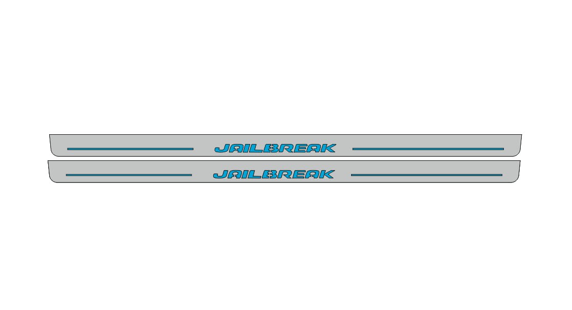Catalog illustration of two long gray door sill plates with blue Jailbreak lettering and horizontal lines on a white background.