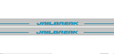 Close-up catalog illustration of blue Jailbreak lettering and horizontal lines on gray door sill plates.