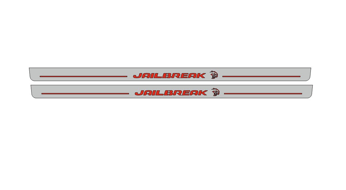 Catalog illustration of two long gray door sill plates with red Jailbreak lettering and a Hellcat-head emblem on a white background.