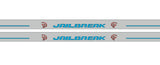 Close-up catalog illustration of blue Jailbreak lettering flanked by Hellcat-head emblems and horizontal lines on gray door sill plates.