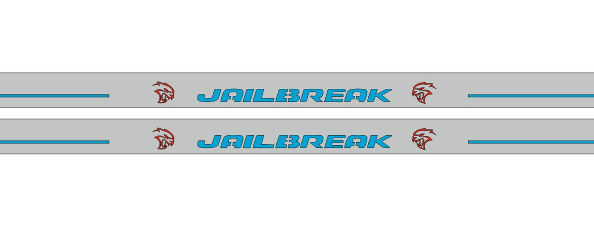 Close-up catalog illustration of blue Jailbreak lettering flanked by Hellcat-head emblems and horizontal lines on gray door sill plates.