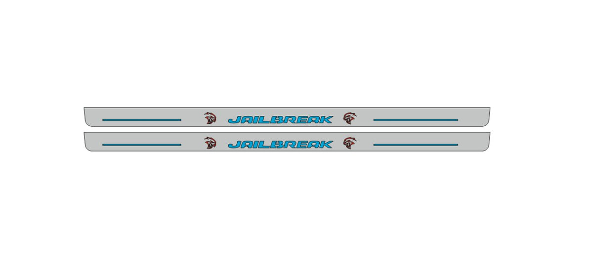Catalog illustration of two long gray door sill plates with blue Jailbreak lettering flanked by Hellcat-head emblems on a white background.