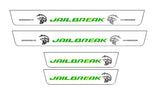 Catalog illustration of four light door sill plates with green Jailbreak lettering and dark Hellcat head emblems.