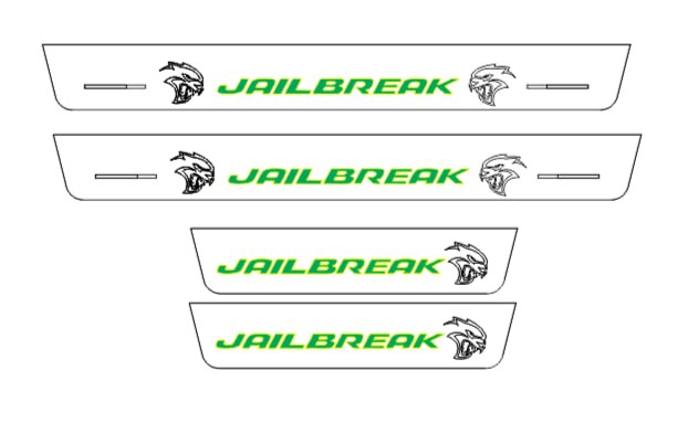 Catalog illustration of four light door sill plates with green Jailbreak lettering and dark Hellcat head emblems.