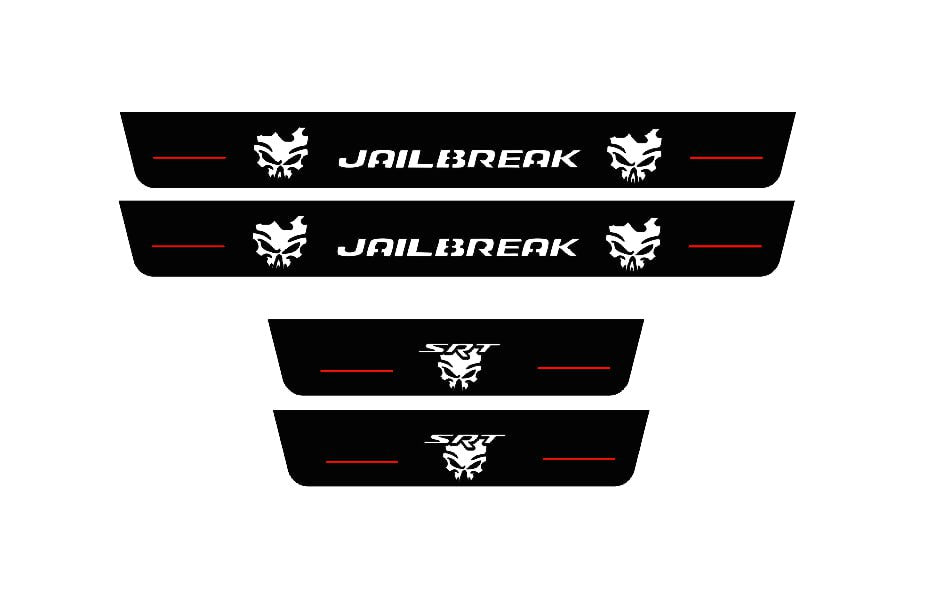 Catalog illustration of four black door sill plates: white Jailbreak lettering and skull emblems on the long pair, skull emblems on the short pair.