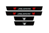 Catalog illustration of four black door sill plates: white Jailbreak lettering and red skull emblems on the long pair, white skull emblems on the short pair.