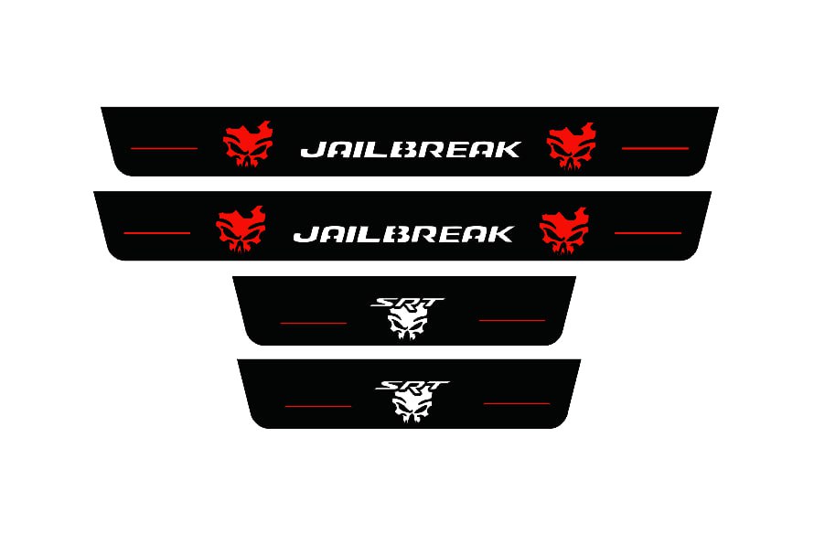 Catalog illustration of four black door sill plates: white Jailbreak lettering and red skull emblems on the long pair, white skull emblems on the short pair.