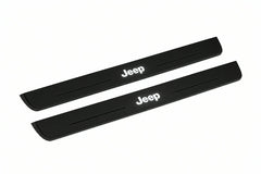 Catalogue illustration of two front black Matte PRO LED door sill plates with illuminated Jeep lettering for Jeep Cherokee KL; dimensions are selected during manufacture.