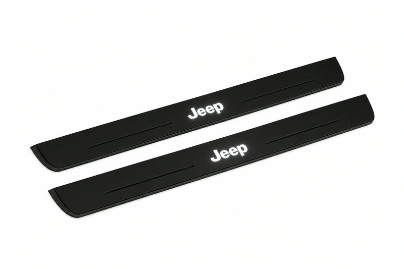 Catalogue illustration of two front black Matte PRO LED door sill plates with illuminated Jeep lettering for Jeep Compass MP; dimensions are selected during manufacture.