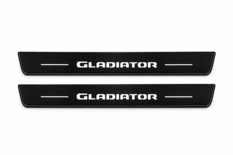 Catalogue illustration of two front black Matte PRO LED door sill plates with illuminated Gladiator lettering for Jeep Gladiator JT; dimensions are selected during manufacture.