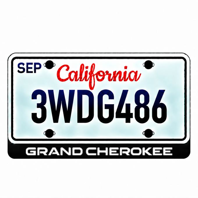 Jeep Grand Cherokee illuminated LED license plate badge with the shown artwork below an illustrative US plate; plate not included