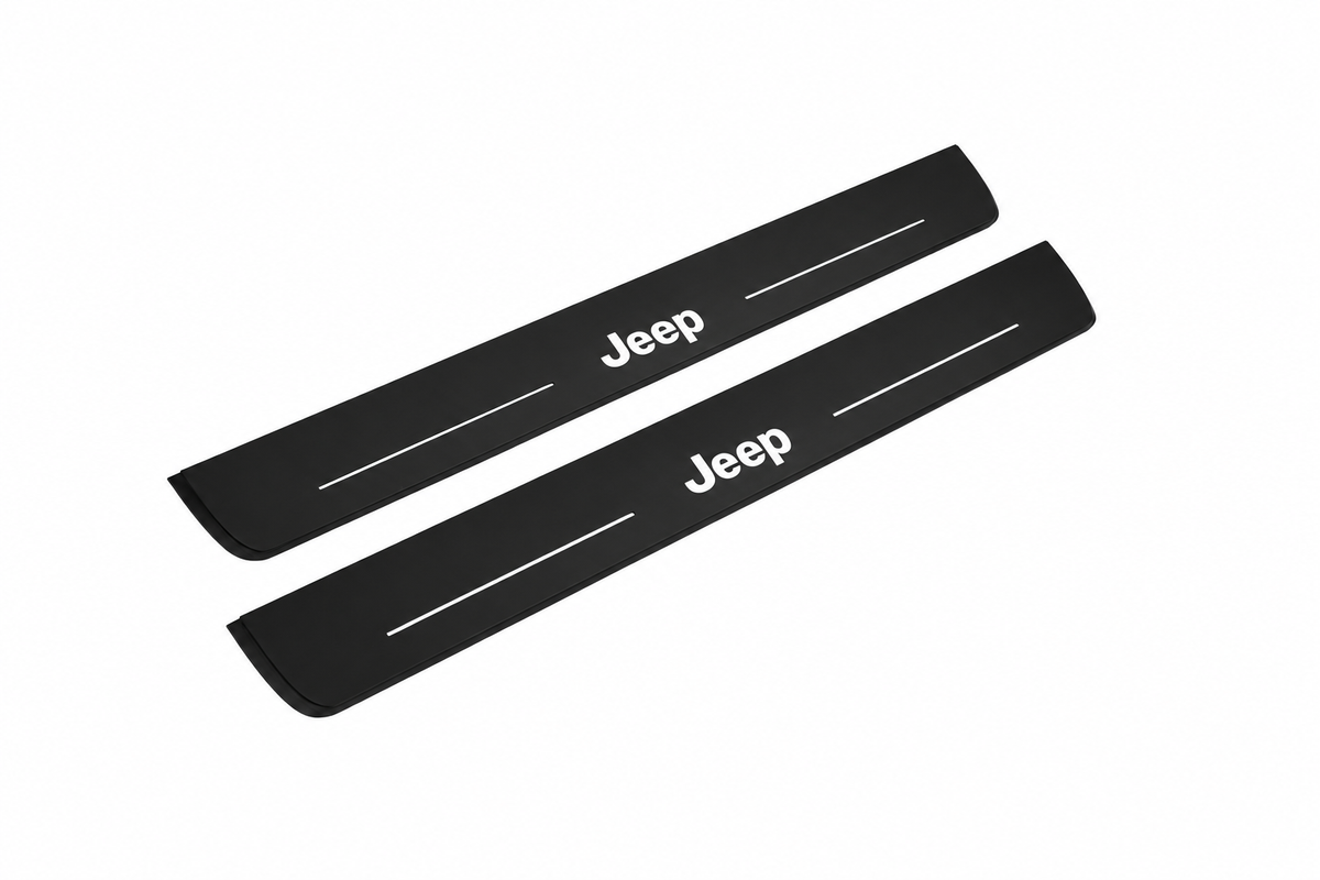 Jeep Grand Cherokee WK2 Jeep Matte PRO LED door sills, FRONT two-piece catalogue illustration, matte black with white illumination
