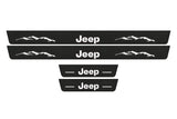 Catalogue illustration of two front and two rear black Matte PRO LED door sill plates with illuminated Jeep Mountains design for Jeep Grand Cherokee WK2; dimensions are selected during manufacture.