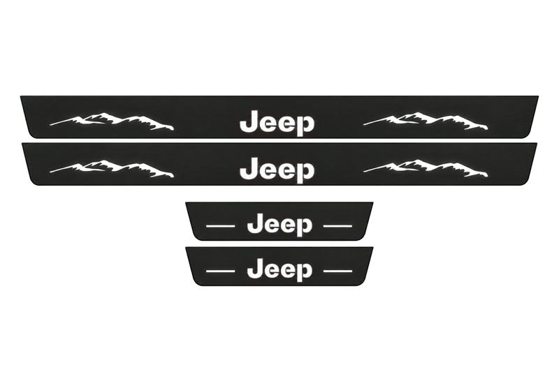 Catalogue illustration of two front and two rear black Matte PRO LED door sill plates with illuminated Jeep Mountains design for Jeep Grand Cherokee WK2; dimensions are selected during manufacture.