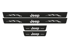 Catalogue illustration of two front and two rear black Matte PRO LED door sill plates with illuminated Jeep Mountains design for Jeep Grand Cherokee WK2; dimensions are selected during manufacture.