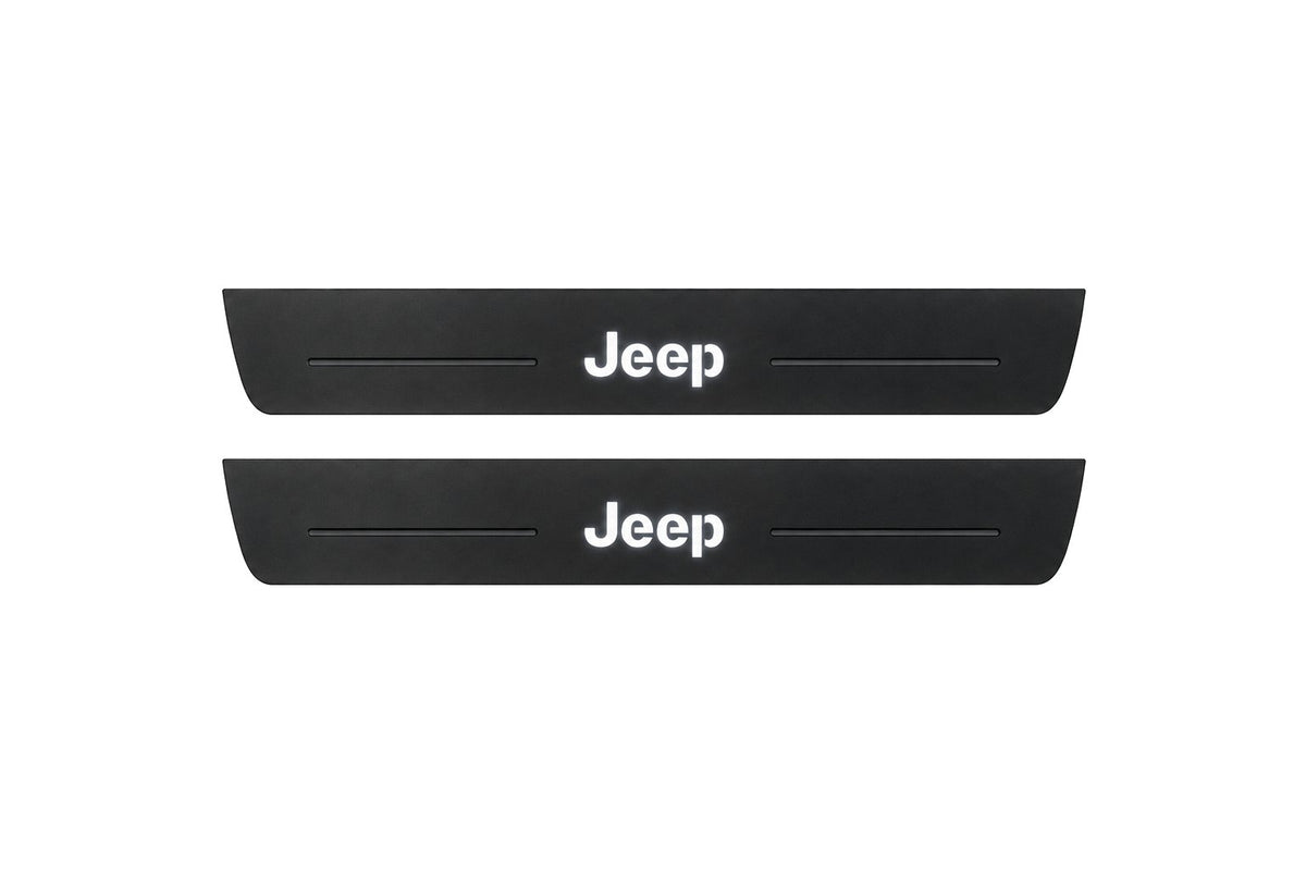 Catalogue illustration of two front black Matte PRO LED door sill plates with illuminated Jeep lettering for Jeep Grand Cherokee WL; dimensions are selected during manufacture.