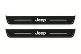 Catalogue illustration of two front black Matte PRO LED door sill plates with illuminated Jeep lettering for Jeep Grand Cherokee WL; dimensions are selected during manufacture.