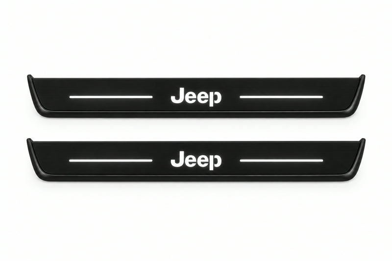 Catalogue illustration of two front black Matte PRO LED door sill plates with illuminated Jeep lettering for Jeep Grand Cherokee WL; dimensions are selected during manufacture.