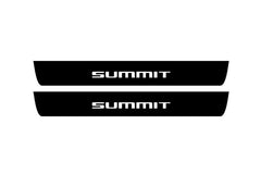 Catalog illustration of two black front door sill plates with Summit lettering.