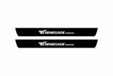 Catalogue illustration of two front black Matte PRO LED door sill plates with illuminated Renegade Design lettering for Jeep Renegade BU; dimensions are selected during manufacture.