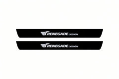 Catalogue illustration of two front black Matte PRO LED door sill plates with illuminated Renegade Design lettering for Jeep Renegade BU; dimensions are selected during manufacture.