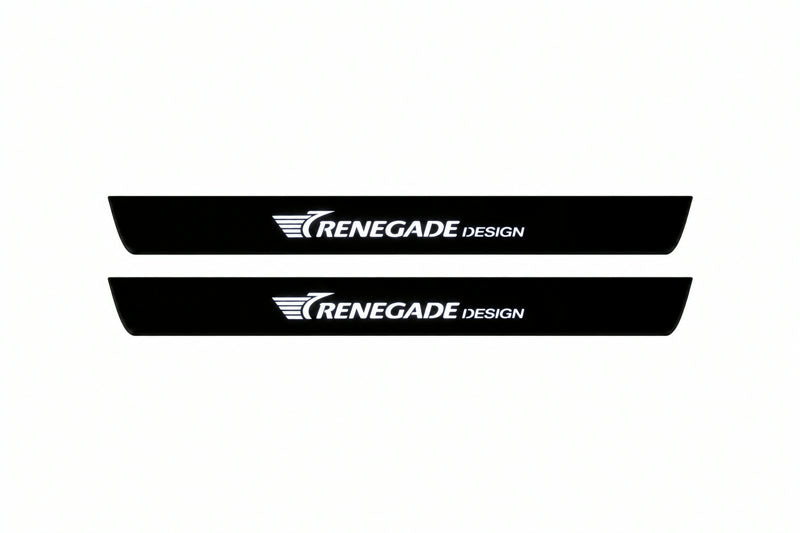 Catalogue illustration of two front black Matte PRO LED door sill plates with illuminated Renegade Design lettering for Jeep Renegade BU; dimensions are selected during manufacture.