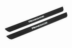 Catalogue illustration of two front black Matte PRO LED door sill plates with illuminated Renegade lettering for Jeep Renegade BU; dimensions are selected during manufacture.