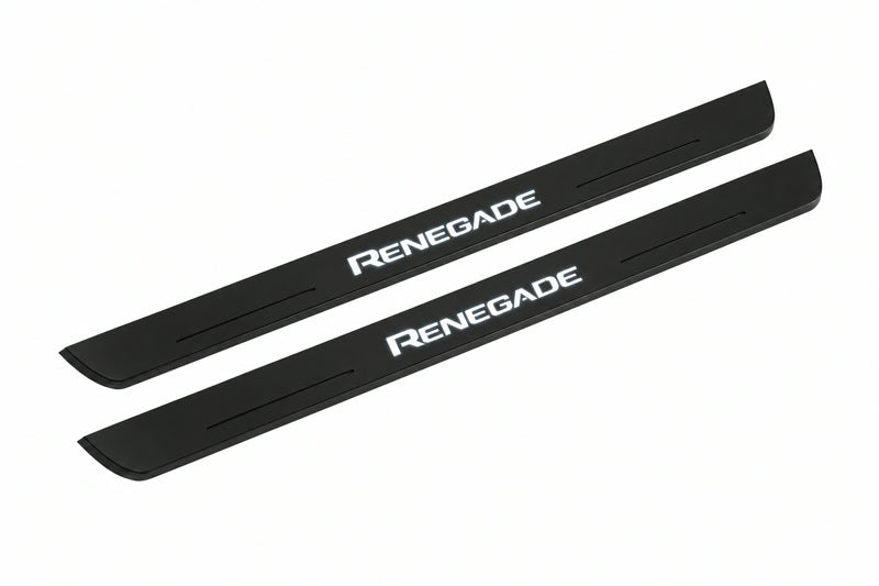 Catalogue illustration of two front black Matte PRO LED door sill plates with illuminated Renegade lettering for Jeep Renegade BU; dimensions are selected during manufacture.